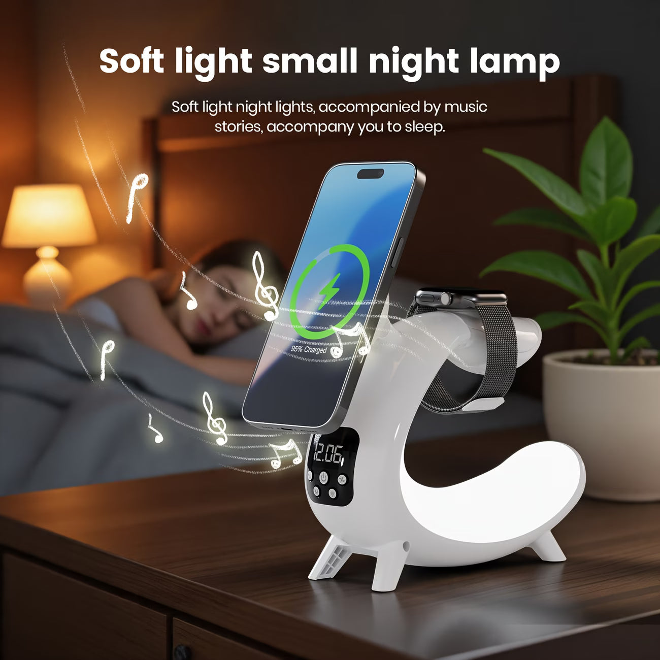 C-Shape RGB LED Night Lamp with Wireless Charging, 15W Fast Charger & Smart Bluetooth Speaker – Music Visualization Sleep Light for iPhone, iWatch, AirPods, and Home Desk