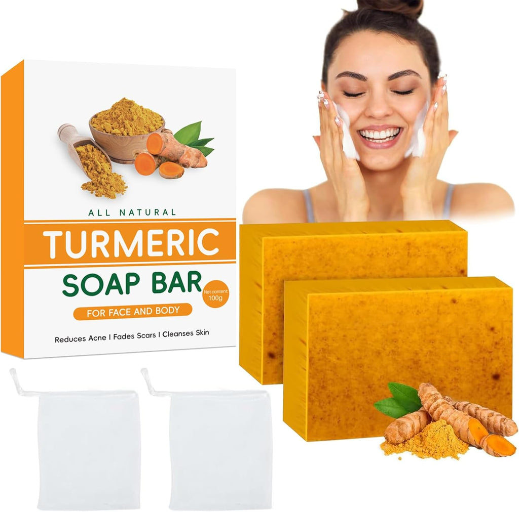 2PCS Turmeric & Kojic Acid Soap Bars – Dark Spot & Acne Remover with Foaming Nets