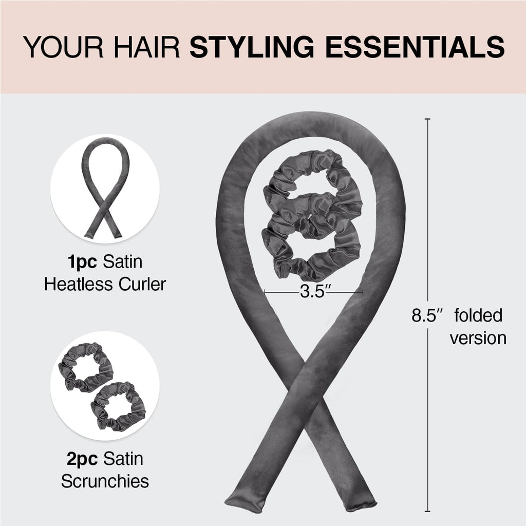 Kitsch Heatless Curling Set – Satin Overnight Curlers with Scrunchies & Blowout Rod (Charcoal)