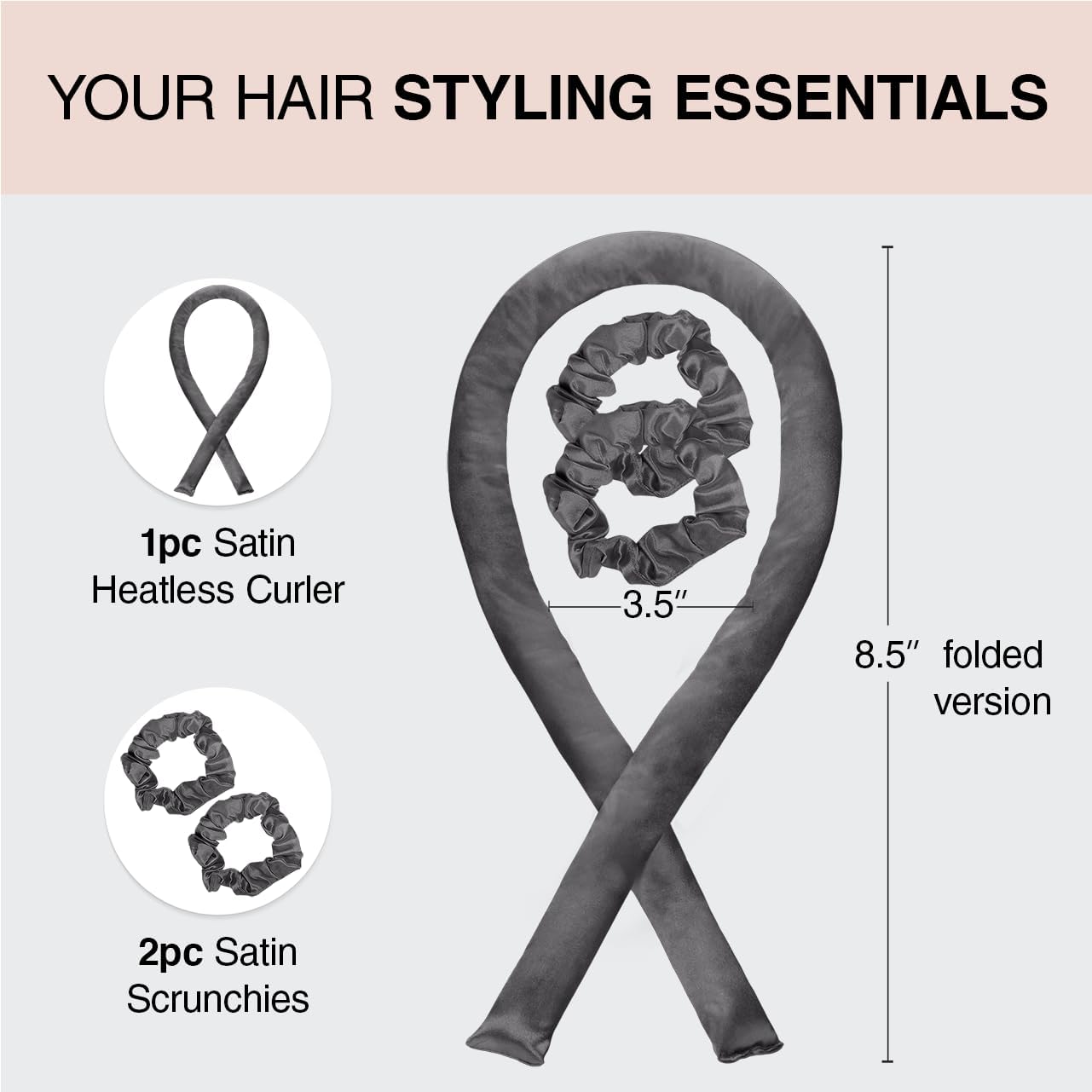 Kitsch Heatless Curling Set – Satin Overnight Curlers with Scrunchies & Blowout Rod (Charcoal)
