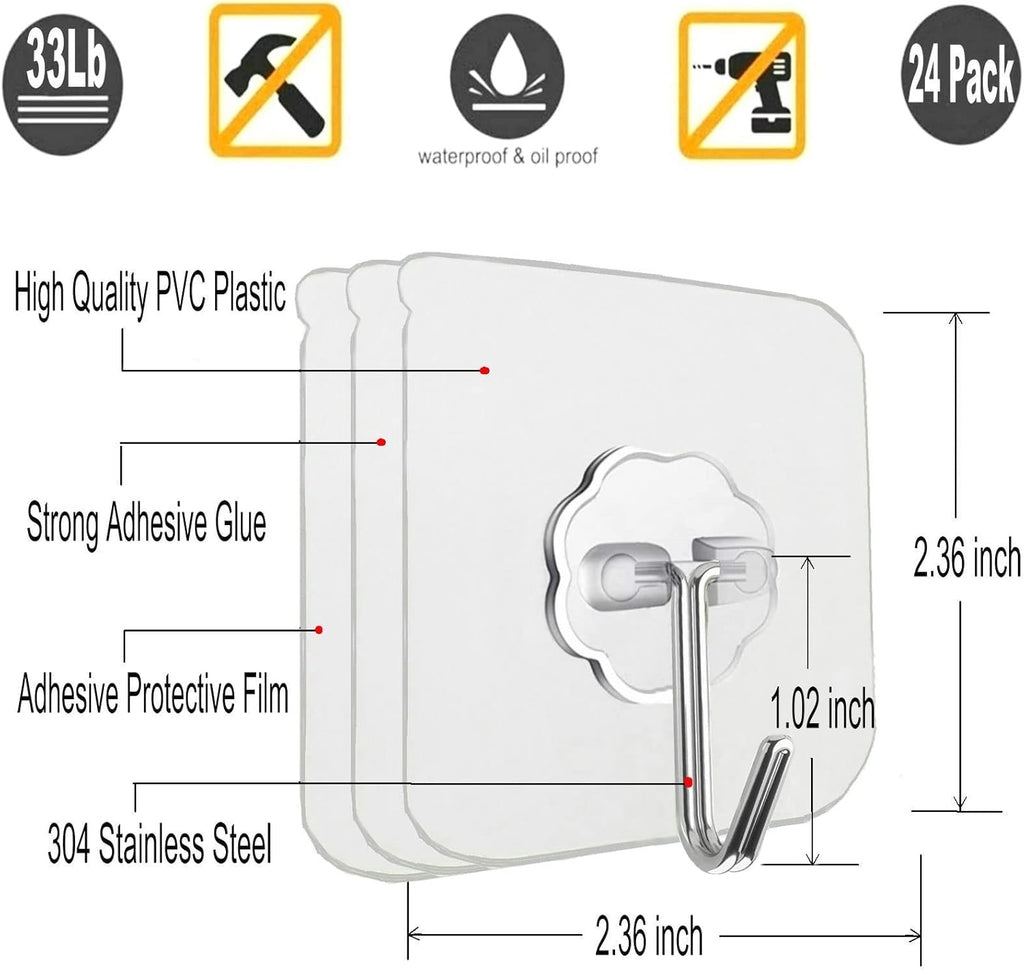 24 Pack Heavy Duty Self-Adhesive Wall Hooks – 33lb