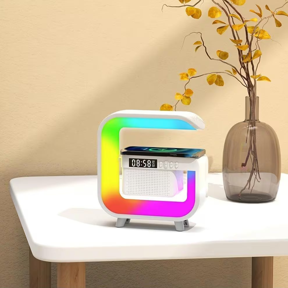 G-Shape Square 5-in-1 Wireless Music Station with Ambient Light, Alarm Clock, 24-Hour Display, Wireless Charging & TF Card MP3 Playback – Modern Bedside & Office Lamp