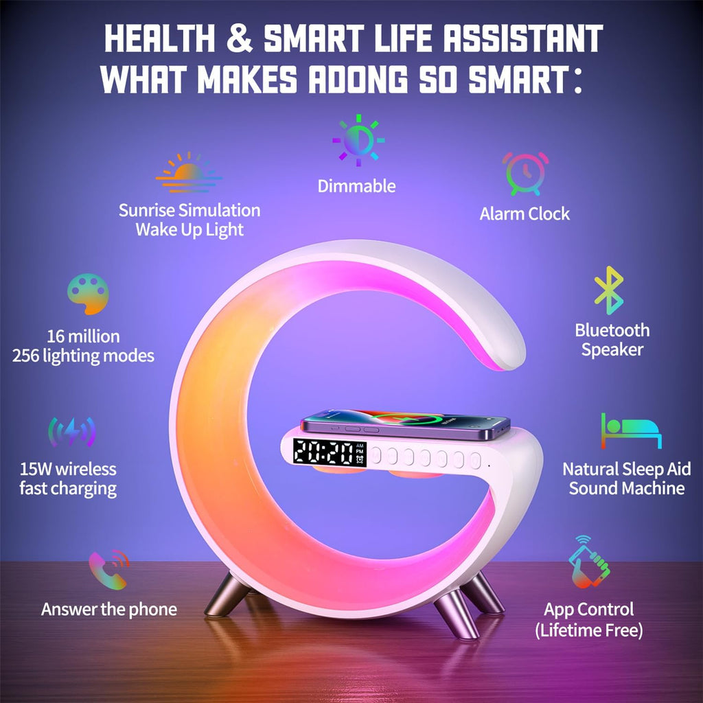 G-Shape 5-in-1 Smart LED Lamp – Wireless Charging, Bluetooth Speaker & Alarm Clock