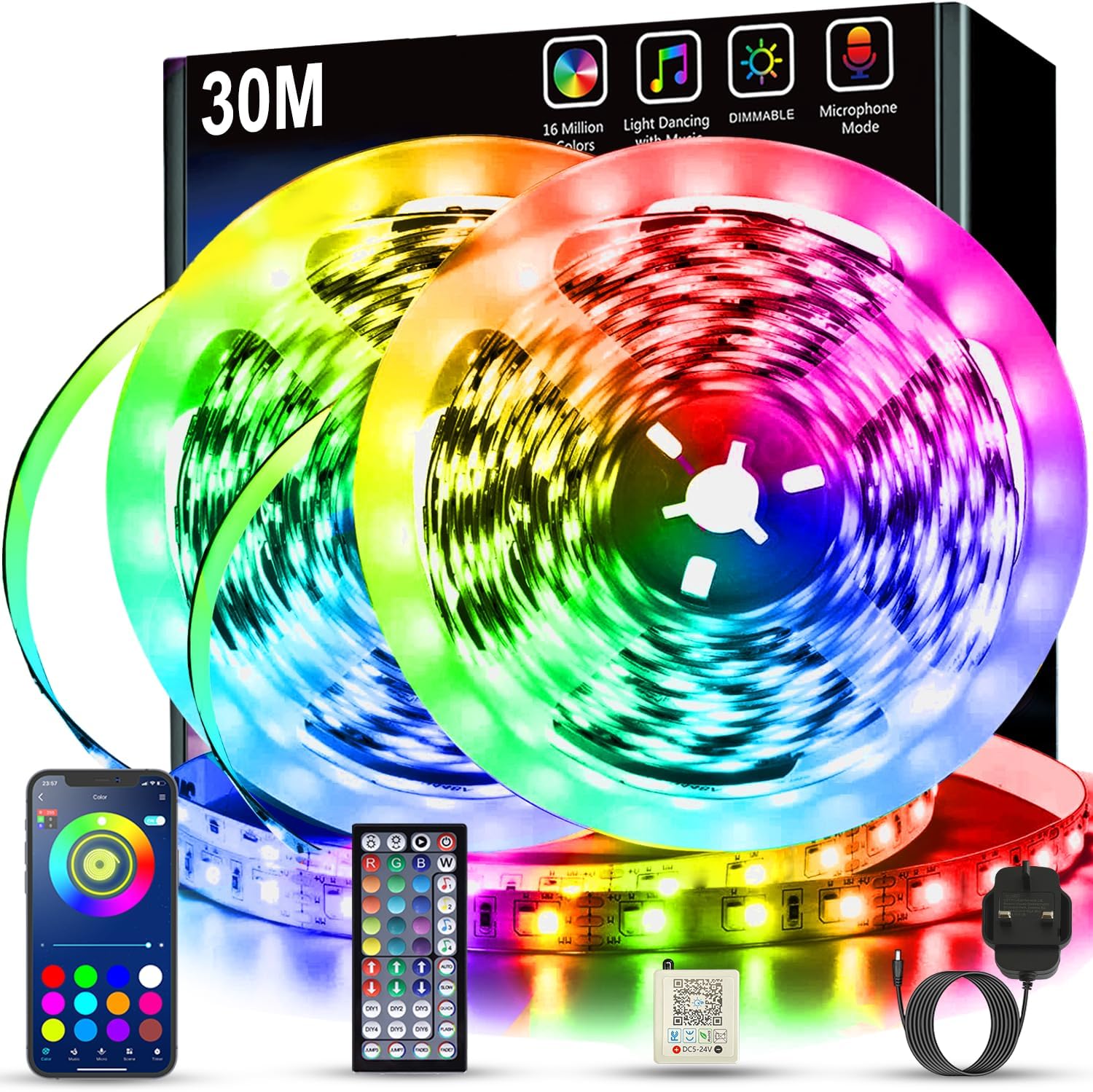 30M Bluetooth RGB LED Strip Lights with Music Sync