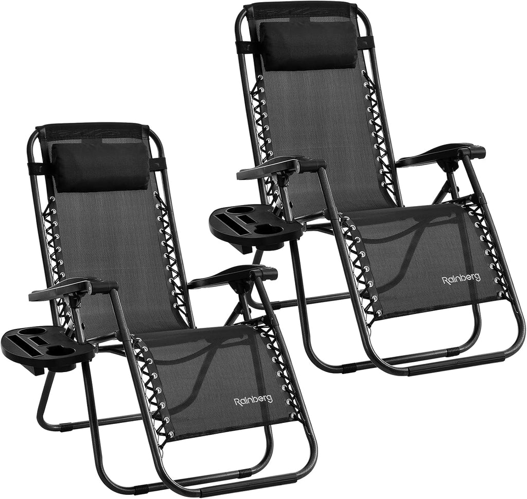 Rainberg Zero Gravity Lounger Chair – Outdoor Folding Recliner with Cushion & Cup Holder (2-Pack)