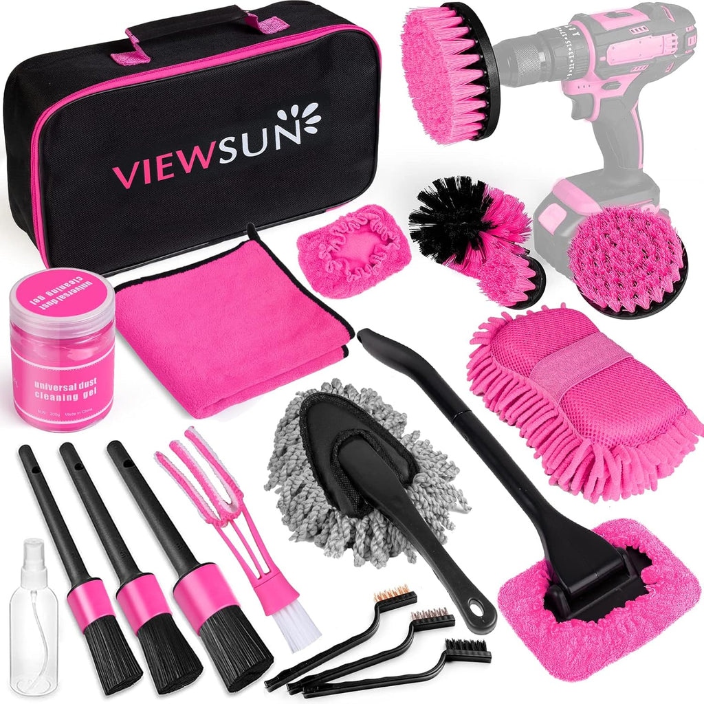 Viewsun 20PCS Pink Car Cleaning Kit – Interior Detailing Set with Drill Brushes, Windshield Tools & Cleaning Gel