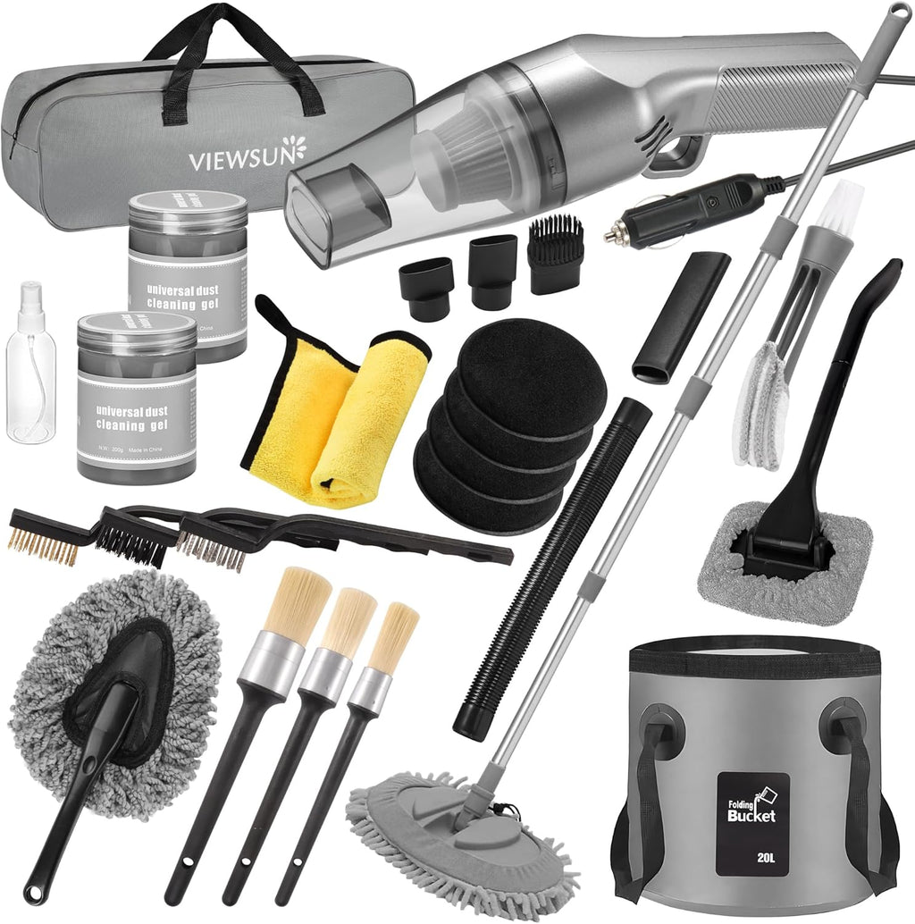 Viewsun 20PCS Pink Car Cleaning Kit – Interior Detailing Set with Drill Brushes, Windshield Tools & Cleaning Gel