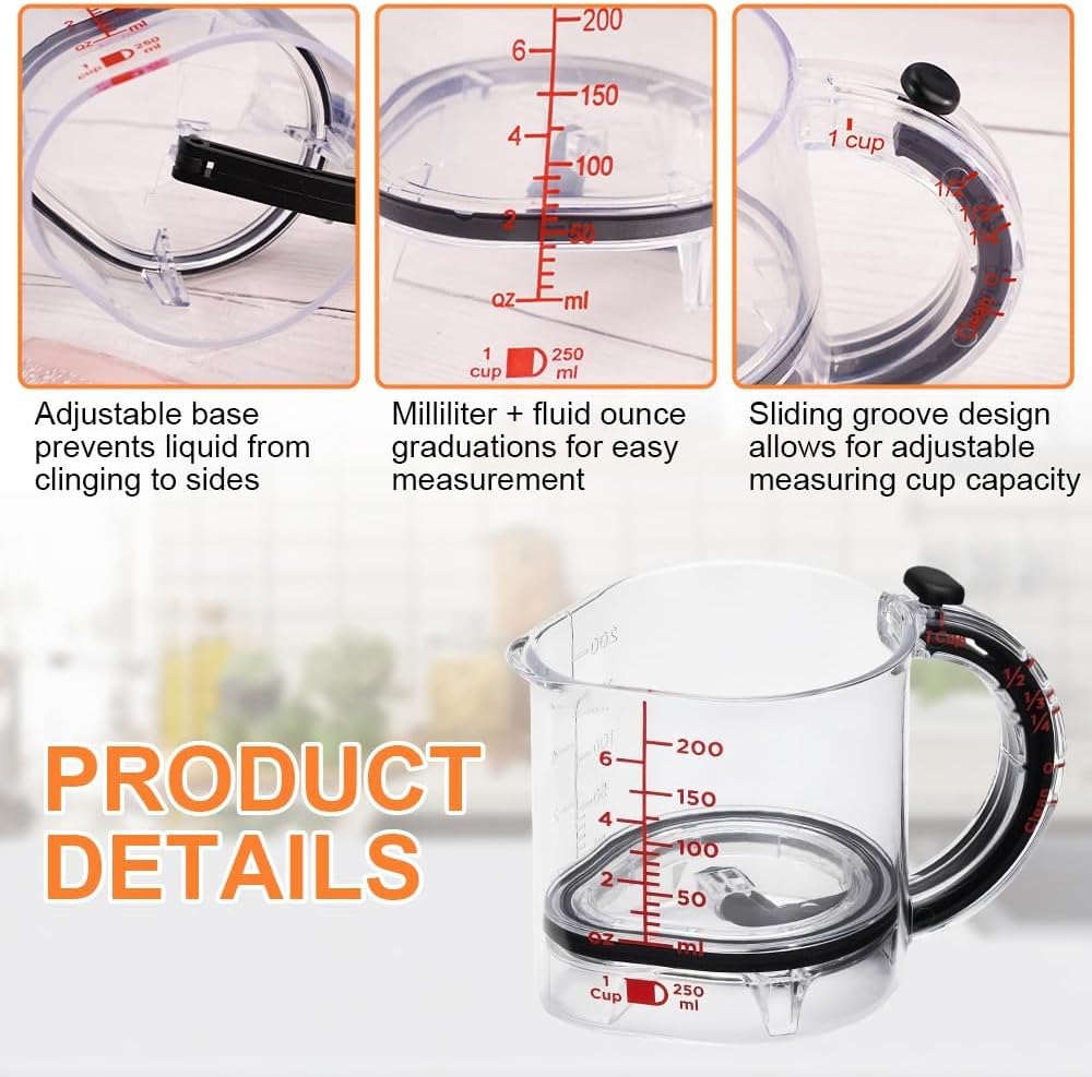 Adjustable Measuring Cup with Scraper Base – Space-Saving, Easy Clean, Metric & Imperial
