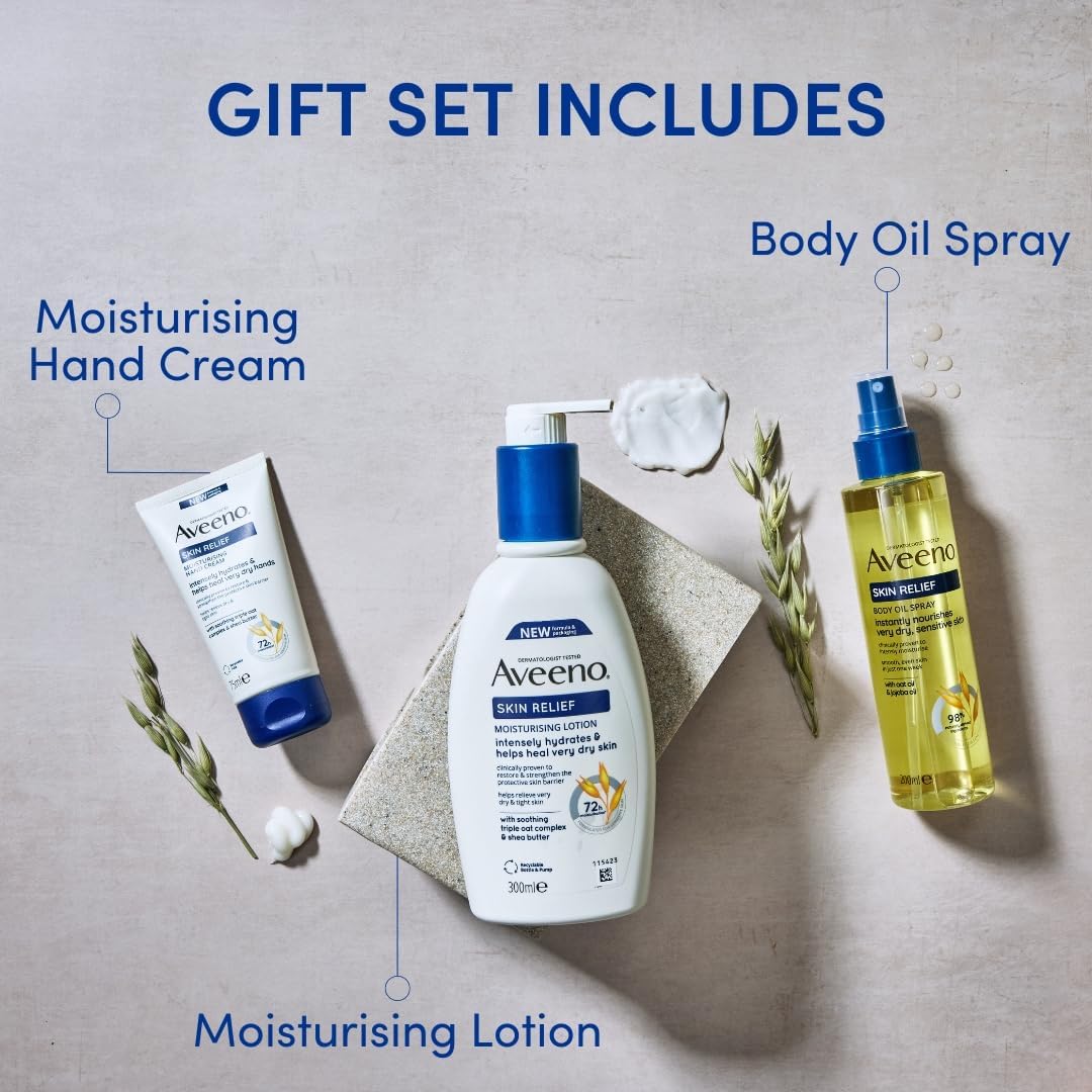 Aveeno Skin Relief Gift Set – Body Oil, Lotion & Hand Cream for Very Dry Skin (3 Pack)