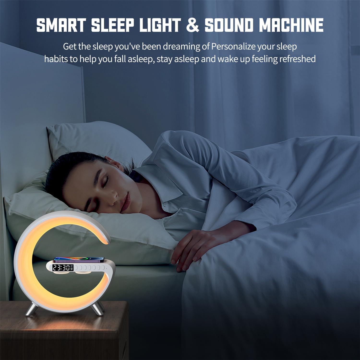G-Shape 5-in-1 Smart LED Lamp – Wireless Charging, Bluetooth Speaker & Alarm Clock