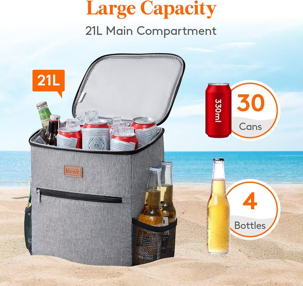 Lifewit 21L Soft Cooler Backpack – Insulated 30-Can Picnic & Camping Cooler (Grey)