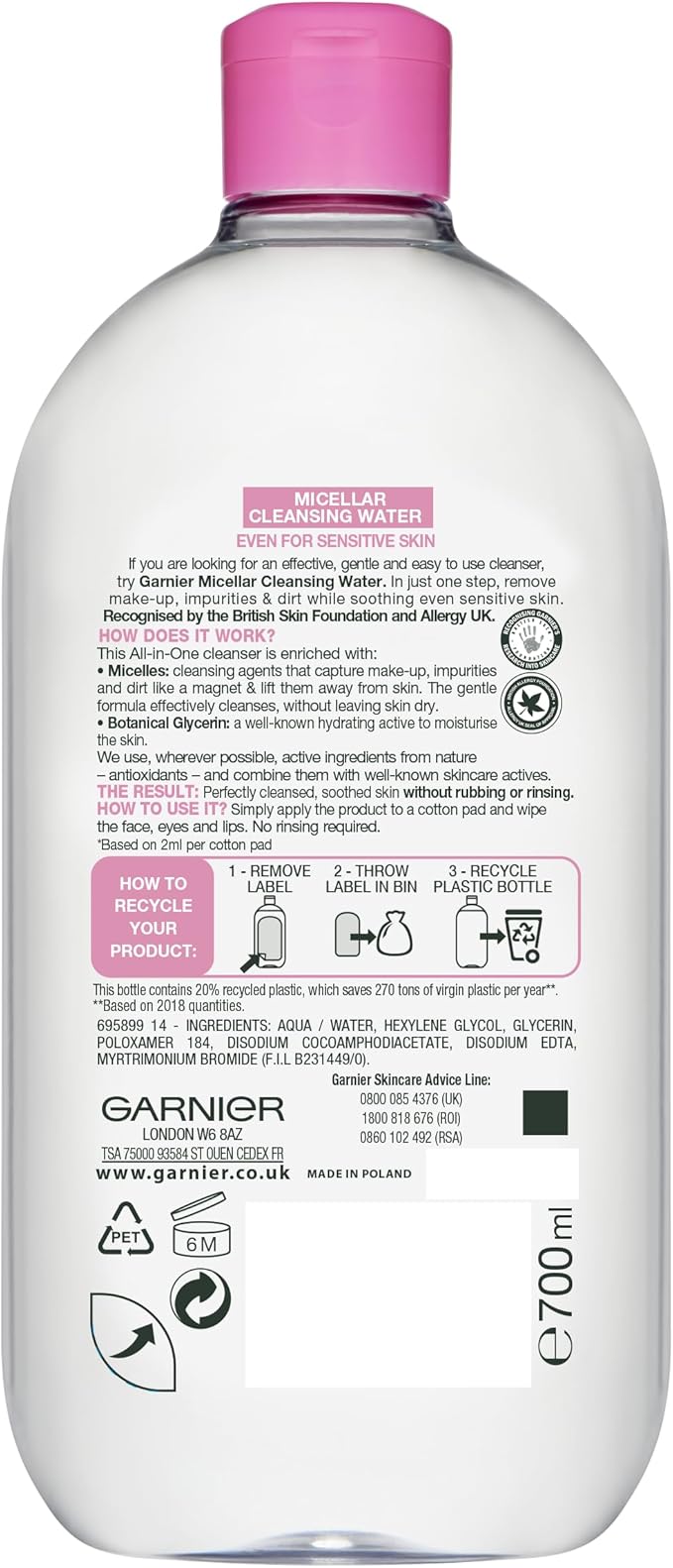 Garnier Micellar Cleansing Water 700ml – Makeup Remover for Sensitive Skin