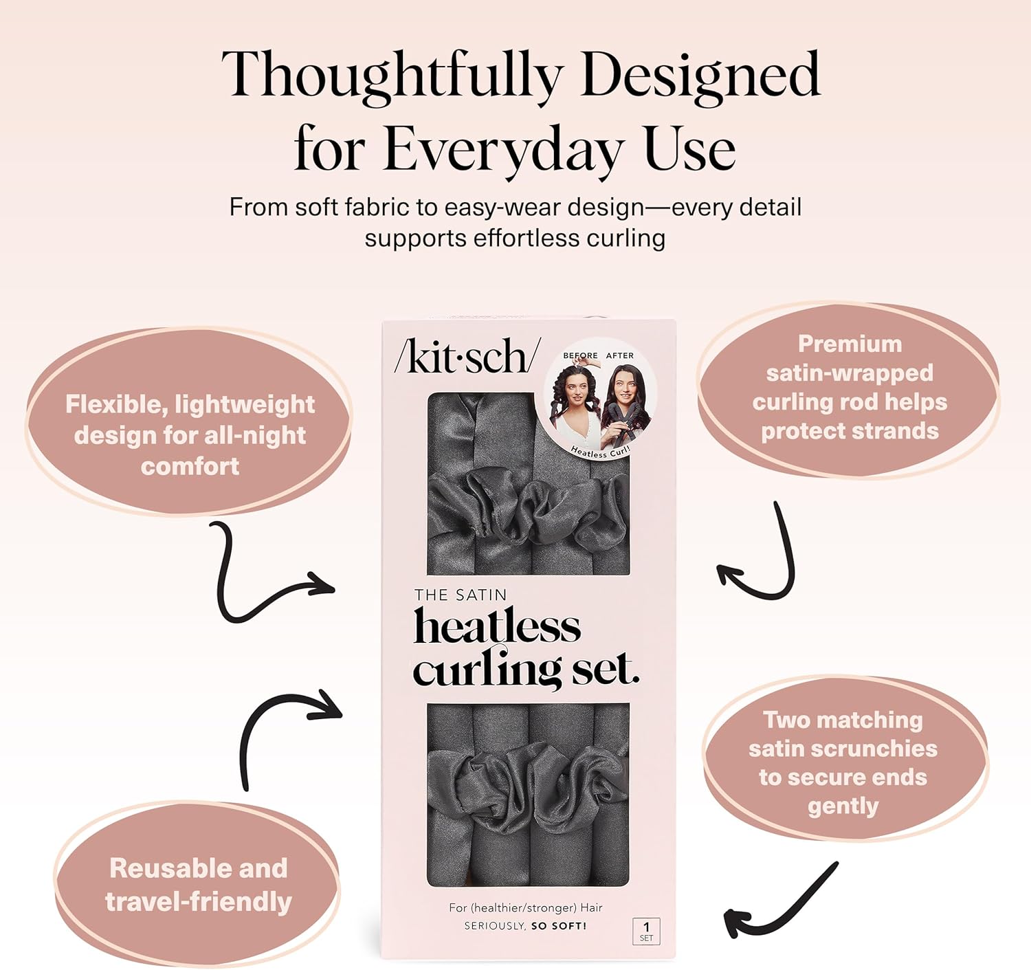 Kitsch Heatless Curling Set – Satin Overnight Curlers with Scrunchies & Blowout Rod (Charcoal)