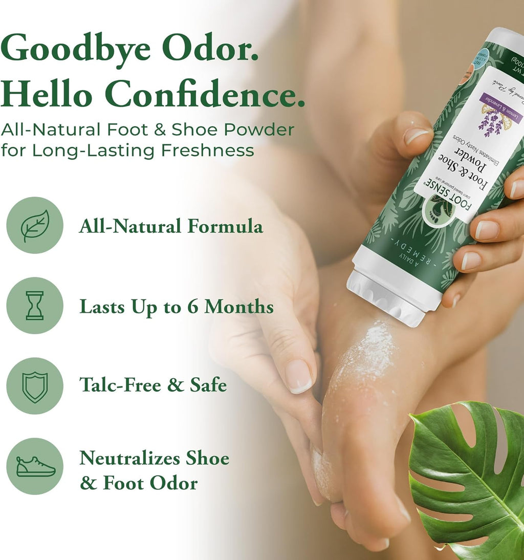 Foot Sense Natural Foot & Shoe Powder – Long-Lasting Odor Eliminator (Up to 6 Months Protection) for Fresh, Sweat-Free Feet