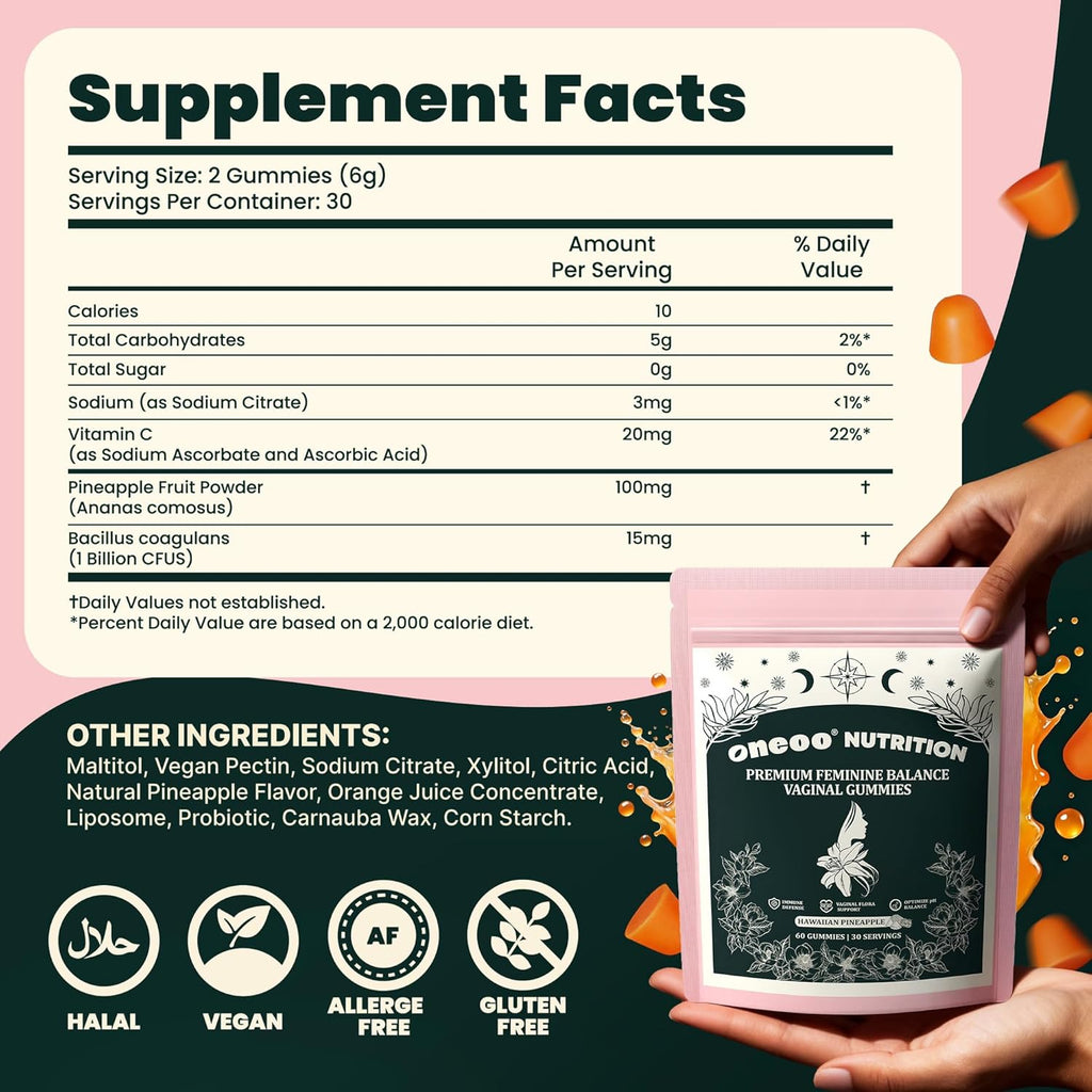 Premium Feminine pH & Energy Gummies – Vegan, Pineapple (60 Count)