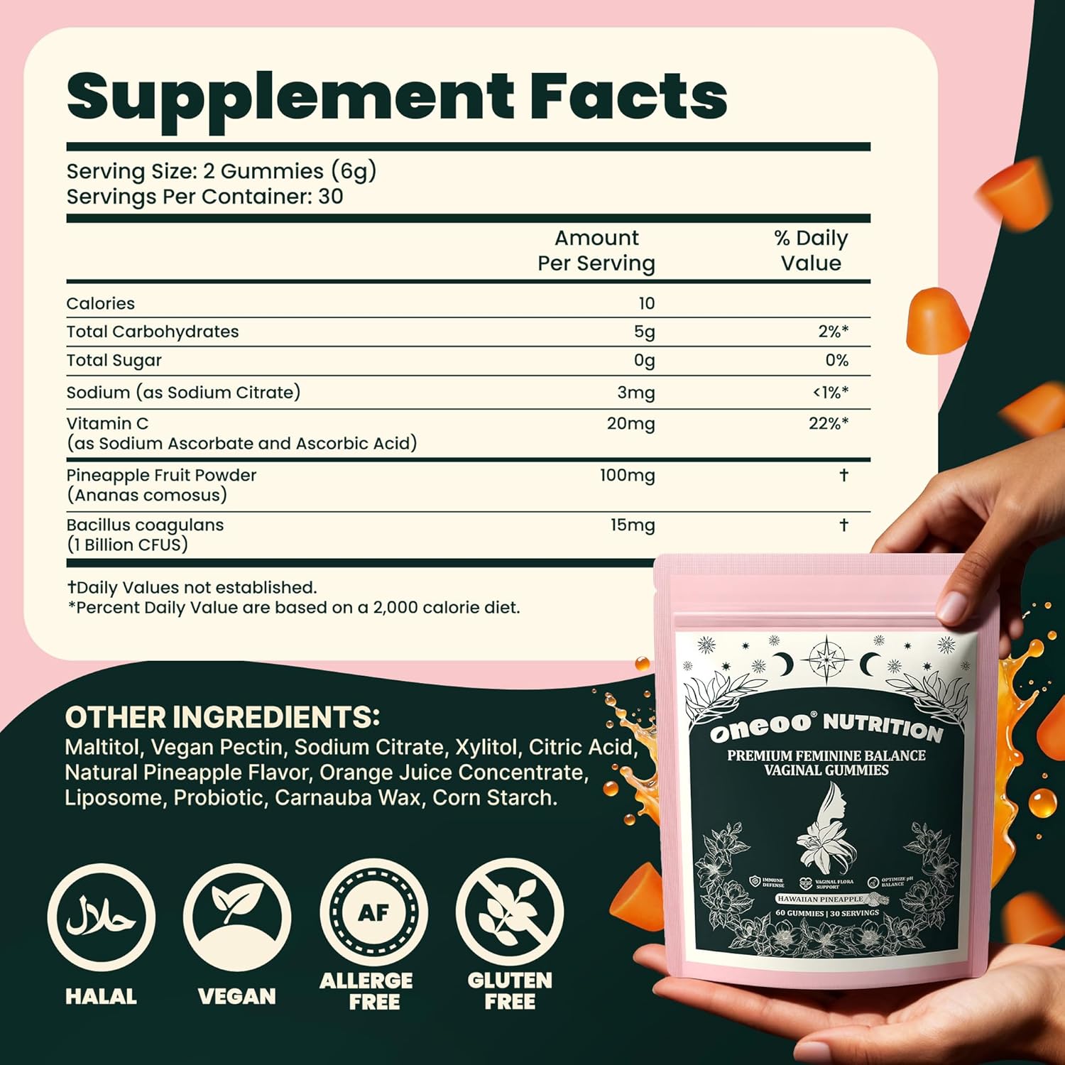 Premium Feminine pH & Energy Gummies – Vegan, Pineapple (60 Count)