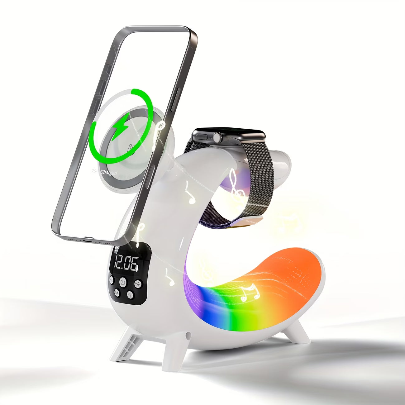 C-Shape RGB LED Night Lamp with Wireless Charging, 15W Fast Charger & Smart Bluetooth Speaker – Music Visualization Sleep Light for iPhone, iWatch, AirPods, and Home Desk