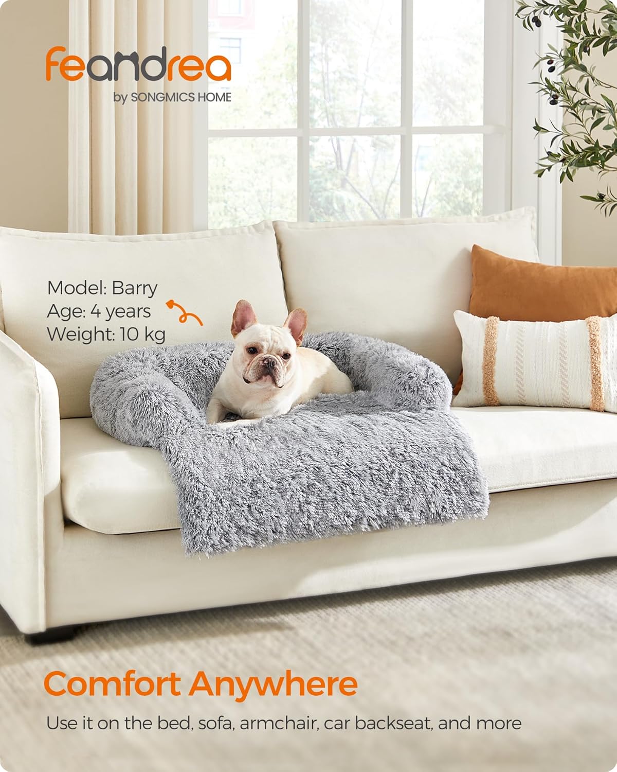 Feandrea FluffyHug Calming Dog Sofa Bed – Grey Ombré, M (80×75×16 cm) for Small & Medium Dogs