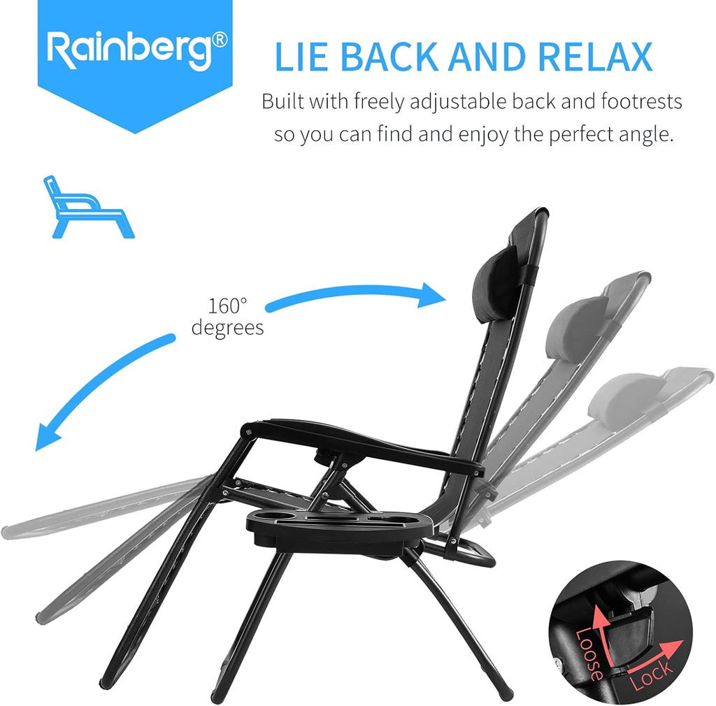 Rainberg Zero Gravity Lounger Chair – Outdoor Folding Recliner with Cushion & Cup Holder (2-Pack)