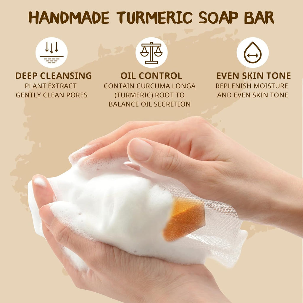 2PCS Turmeric & Kojic Acid Soap Bars – Dark Spot & Acne Remover with Foaming Nets