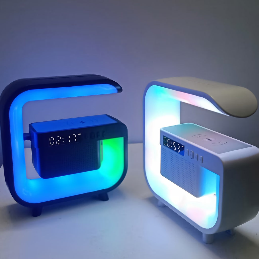 G-Shape Square 5-in-1 Wireless Music Station with Ambient Light, Alarm Clock, 24-Hour Display, Wireless Charging & TF Card MP3 Playback – Modern Bedside & Office Lamp