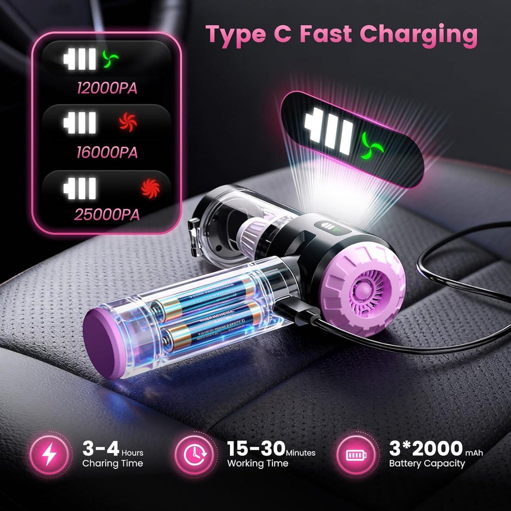 Wansimoo 25000PA Handheld Car Vacuum – Foldable Cordless Mini Cleaner with Digital Display & One-Touch Dust Removal (Purple)