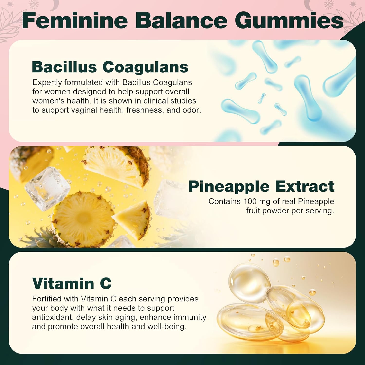 Premium Feminine pH & Energy Gummies – Vegan, Pineapple (60 Count)