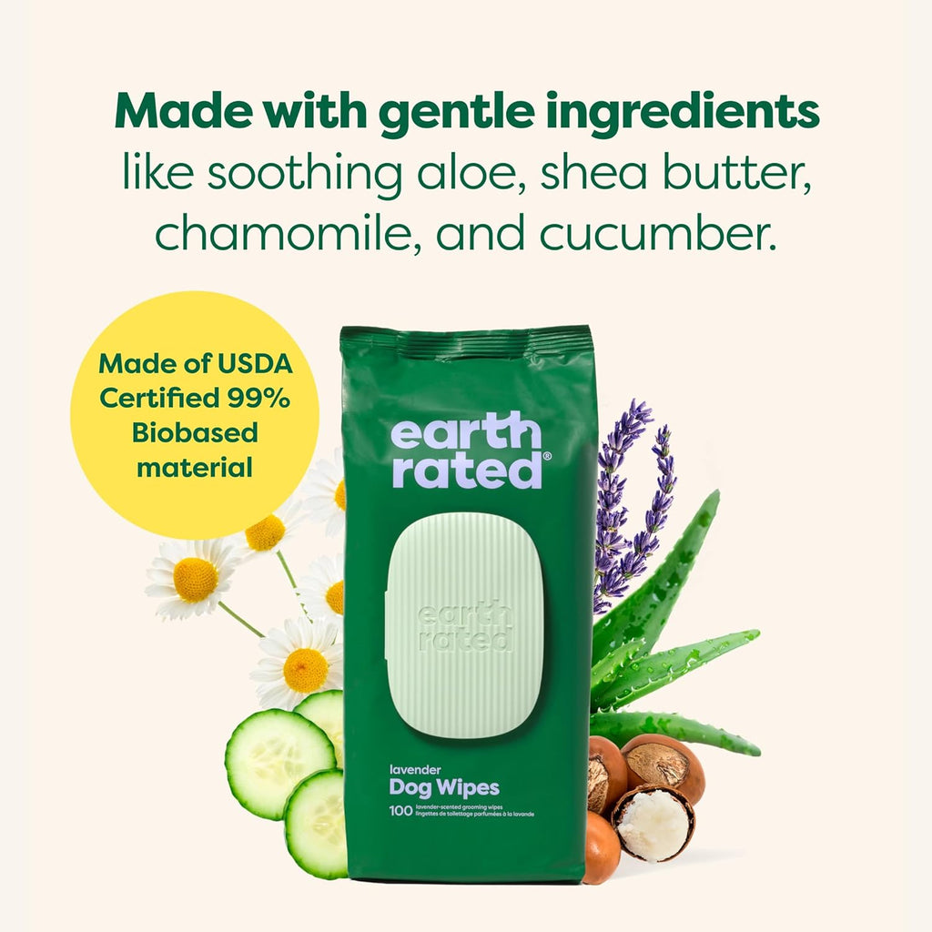 Earth Rated Lavender Dog Grooming Wipes – Hypoallergenic & Hydrating (100 Pack)