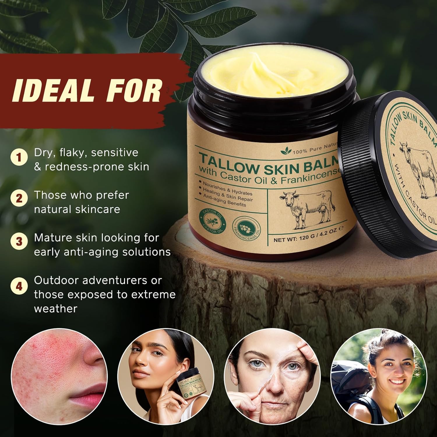 Tallow Balm with Castor & Frankincense – 100% Grass-Fed Skin Moisturizer
