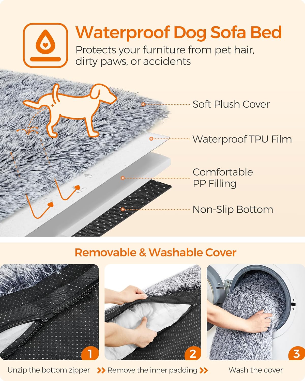 Feandrea FluffyHug Calming Dog Sofa Bed – Grey Ombré, M (80×75×16 cm) for Small & Medium Dogs