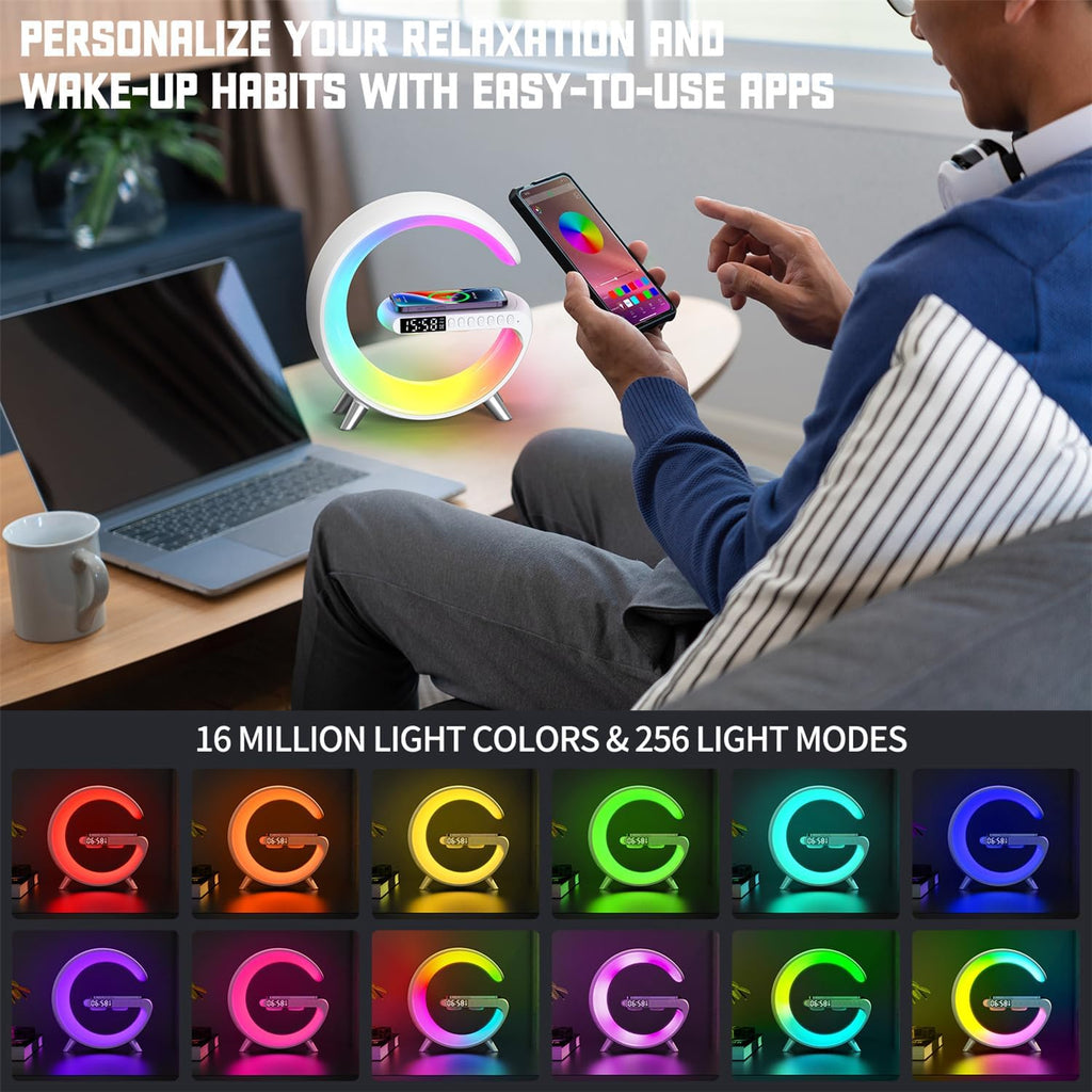 G-Shape 5-in-1 Smart LED Lamp – Wireless Charging, Bluetooth Speaker & Alarm Clock