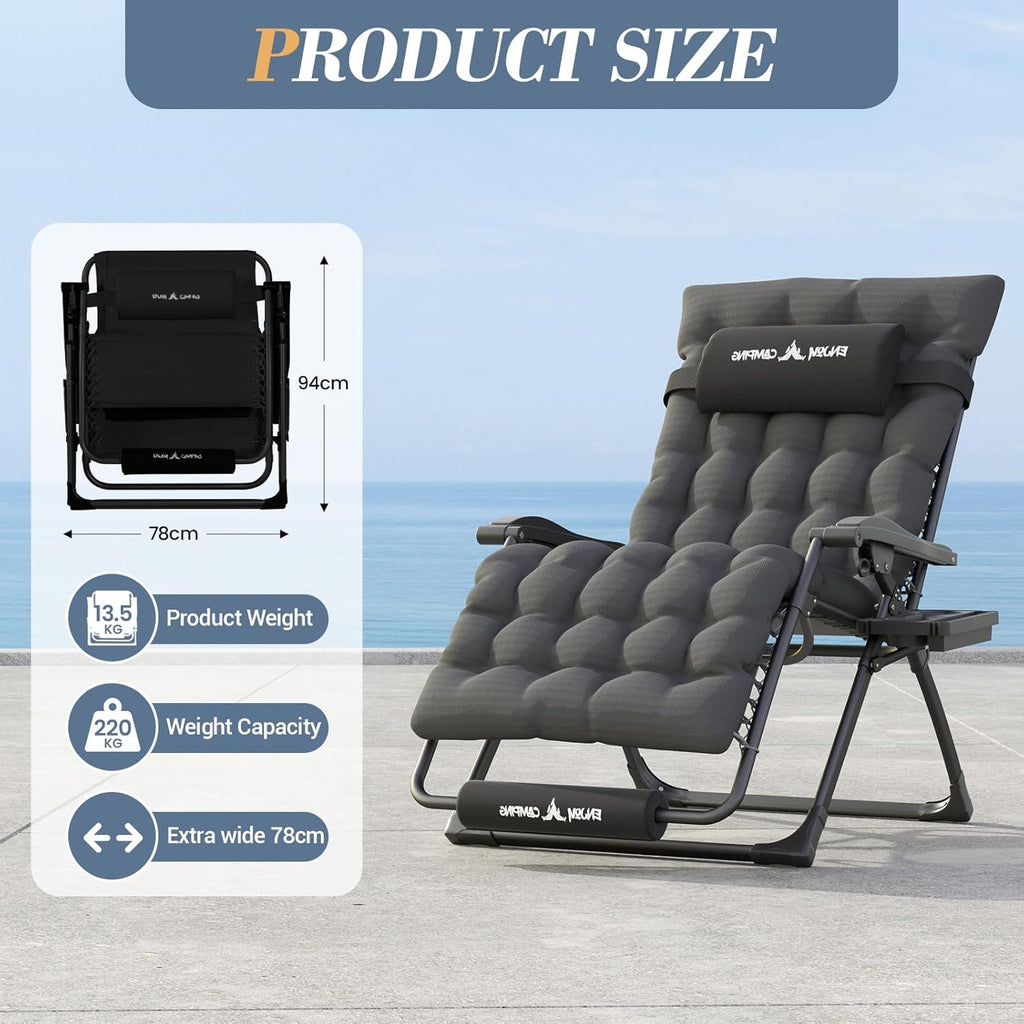 UDPATIO XL Zero Gravity Sun Lounger – Extra Wide Outdoor Recliner with Cushion & Cup Holder (Dark Grey, 200kg)