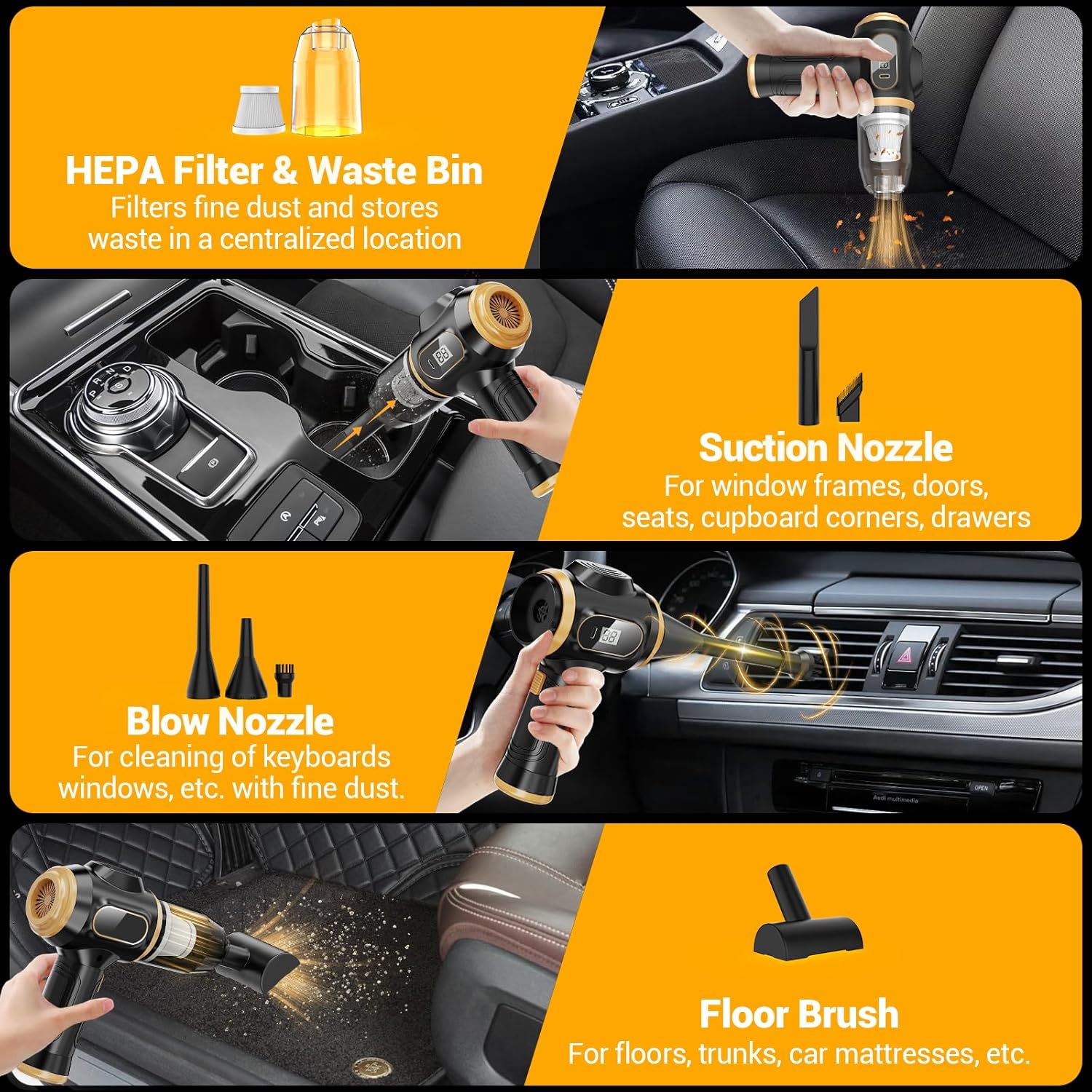 Portable Cordless Car Vacuum – Mini Handheld Cleaner with LCD & Multi-Nozzles for Car, Home & Pets
