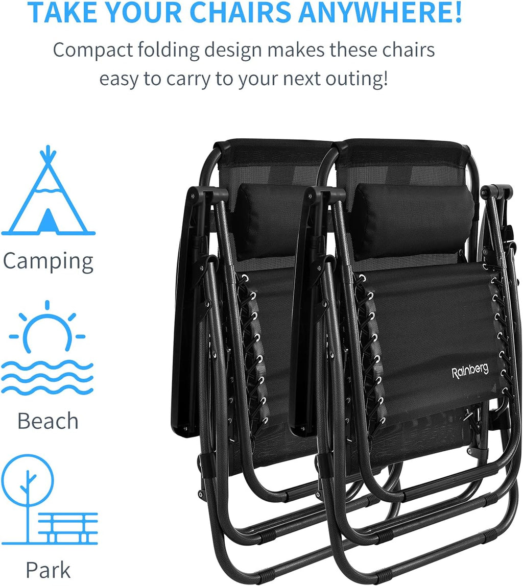 Rainberg Zero Gravity Lounger Chair – Outdoor Folding Recliner with Cushion & Cup Holder (2-Pack)