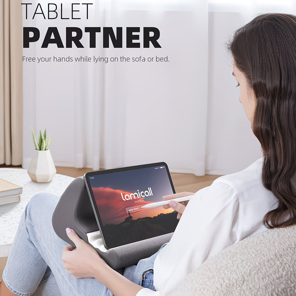 Tablet Cushion Stand – Soft Bed & Lap Holder with Pocket & Stylus Slot