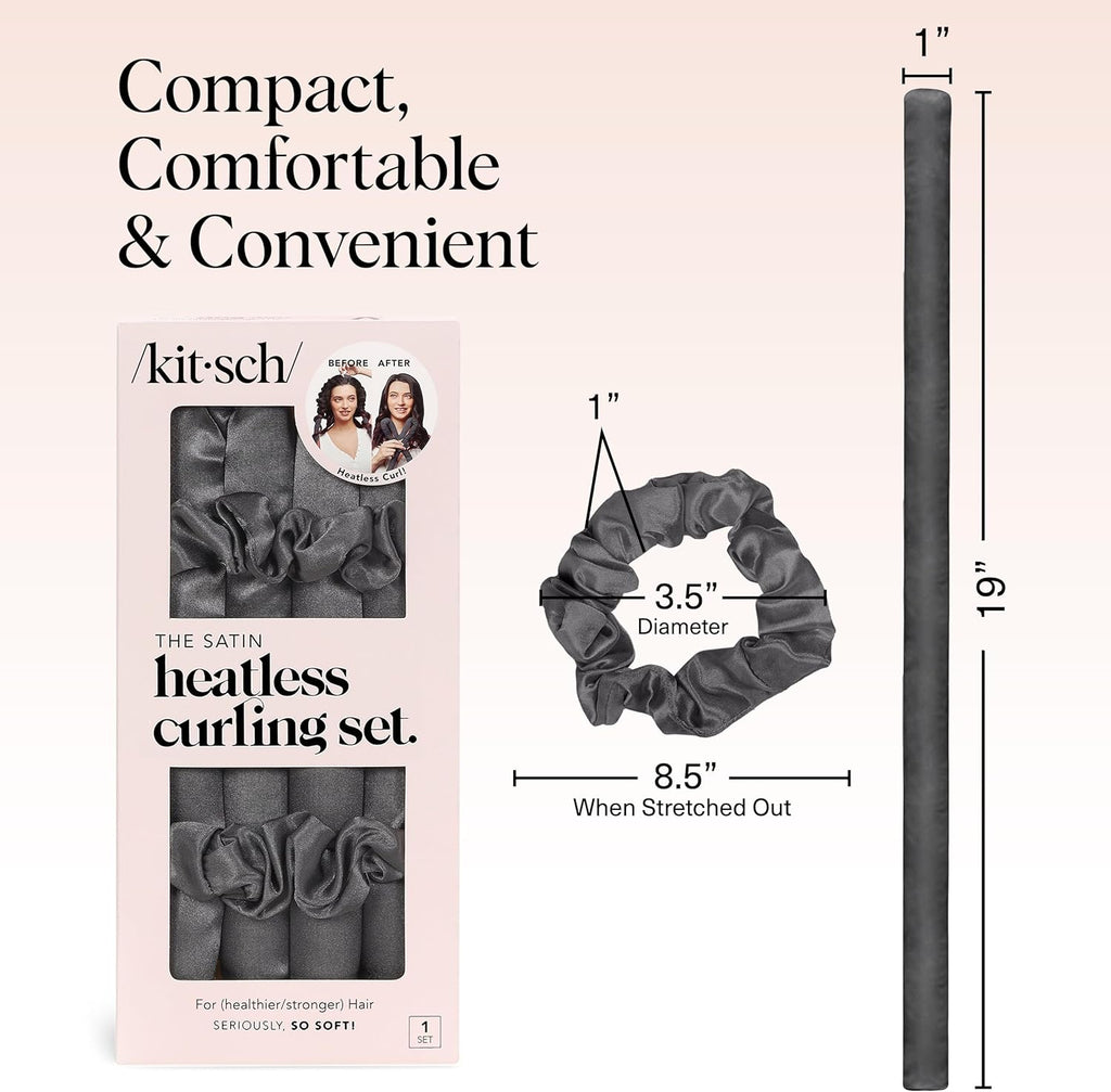 Kitsch Heatless Curling Set – Satin Overnight Curlers with Scrunchies & Blowout Rod (Charcoal)