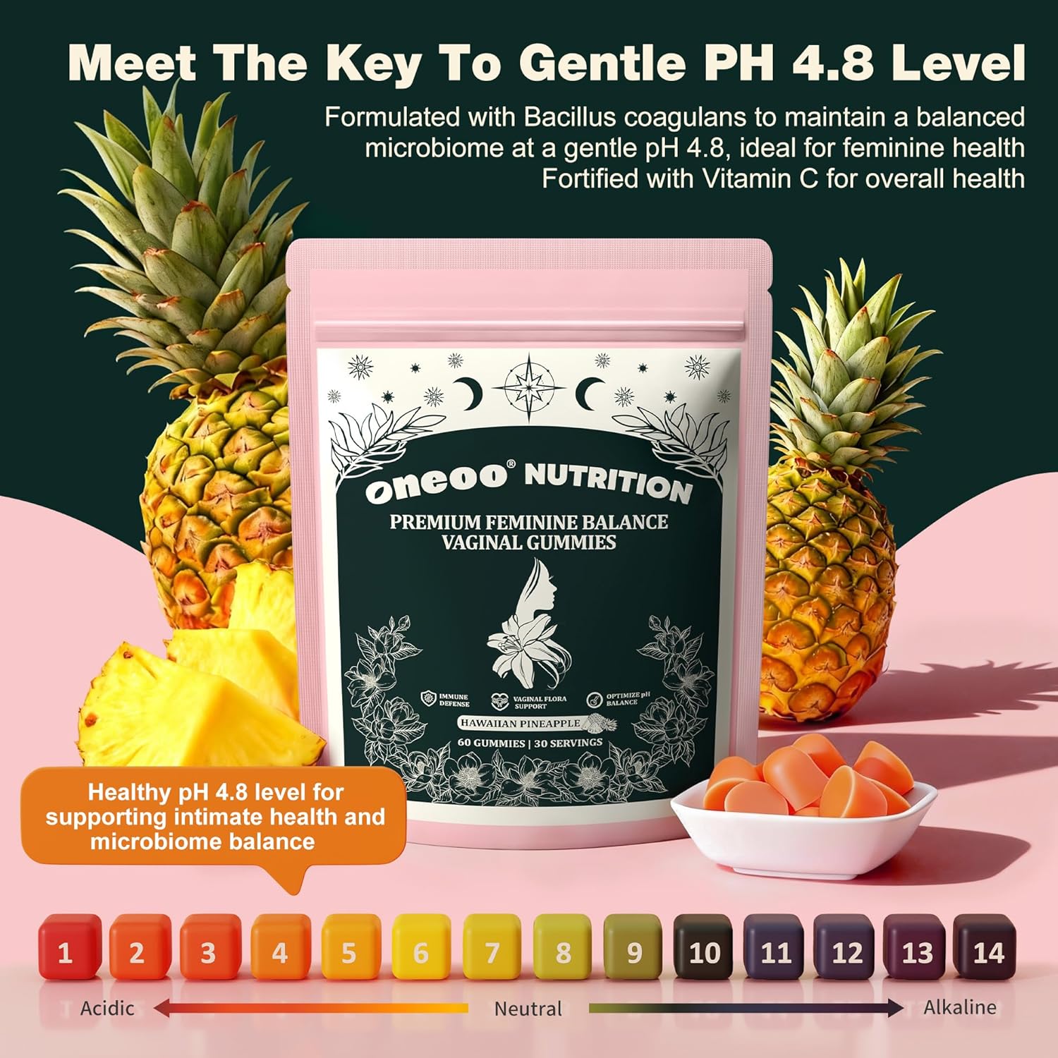 Premium Feminine pH & Energy Gummies – Vegan, Pineapple (60 Count)