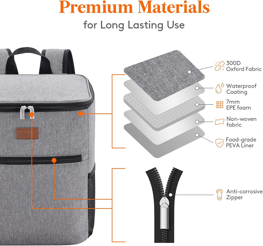 Lifewit 21L Soft Cooler Backpack – Insulated 30-Can Picnic & Camping Cooler (Grey)
