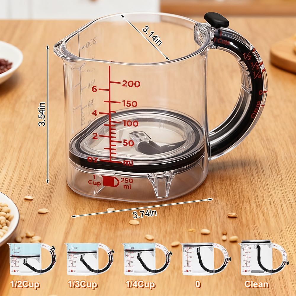 Adjustable Measuring Cup with Scraper Base – Space-Saving, Easy Clean, Metric & Imperial