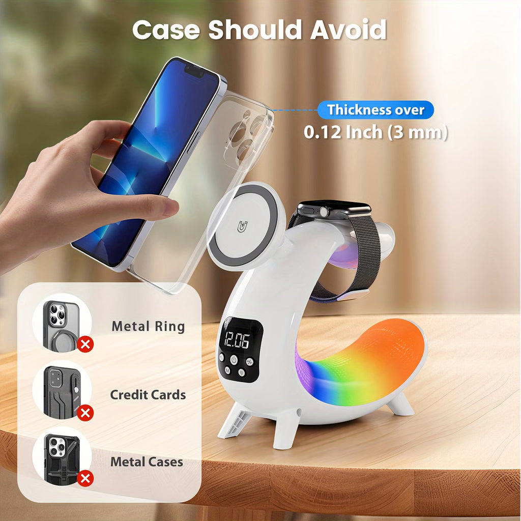 C-Shape RGB LED Night Lamp with Wireless Charging, 15W Fast Charger & Smart Bluetooth Speaker – Music Visualization Sleep Light for iPhone, iWatch, AirPods, and Home Desk