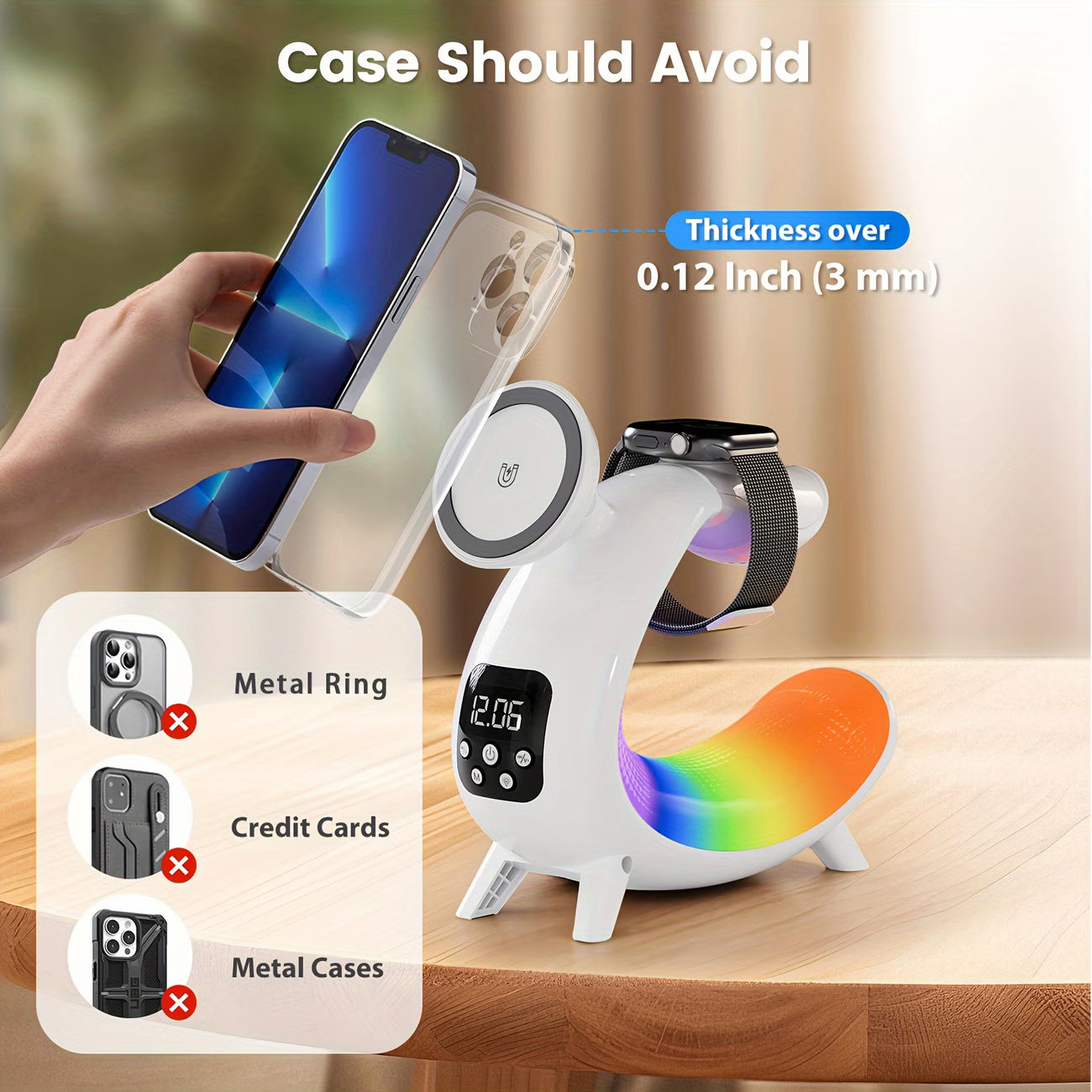 C-Shape RGB LED Night Lamp with Wireless Charging, 15W Fast Charger & Smart Bluetooth Speaker – Music Visualization Sleep Light for iPhone, iWatch, AirPods, and Home Desk