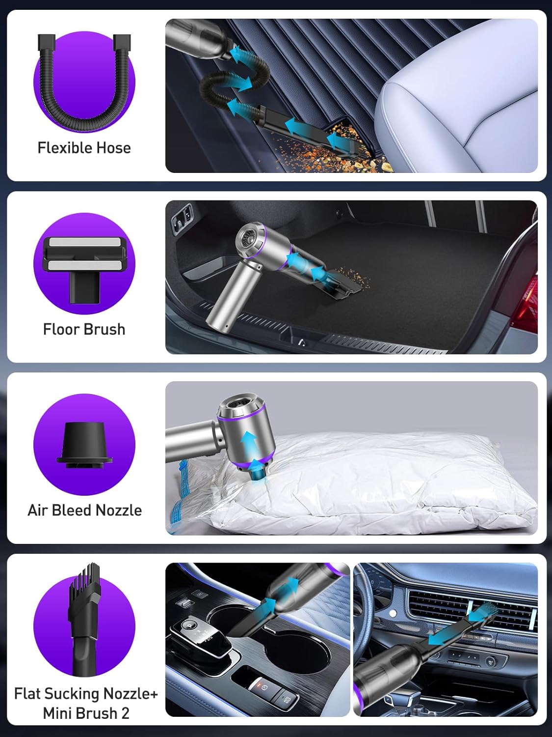 4-in-1 Mini Car Vacuum & Air Duster – Super Power Handheld Cordless Cleaner (Purple)