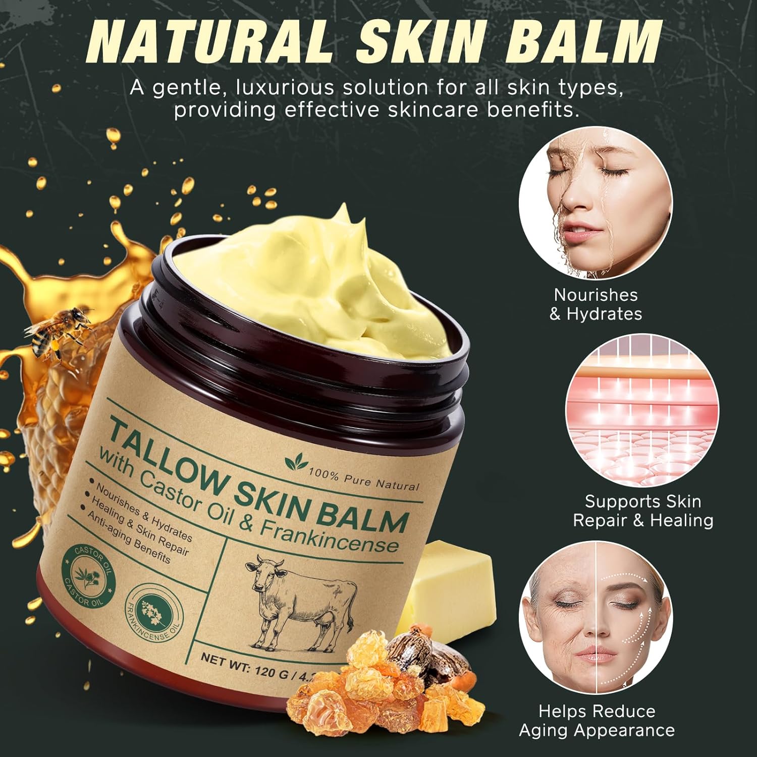 Tallow Balm with Castor & Frankincense – 100% Grass-Fed Skin Moisturizer