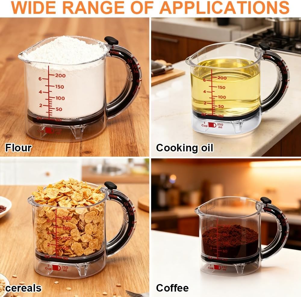 Adjustable Measuring Cup with Scraper Base – Space-Saving, Easy Clean, Metric & Imperial