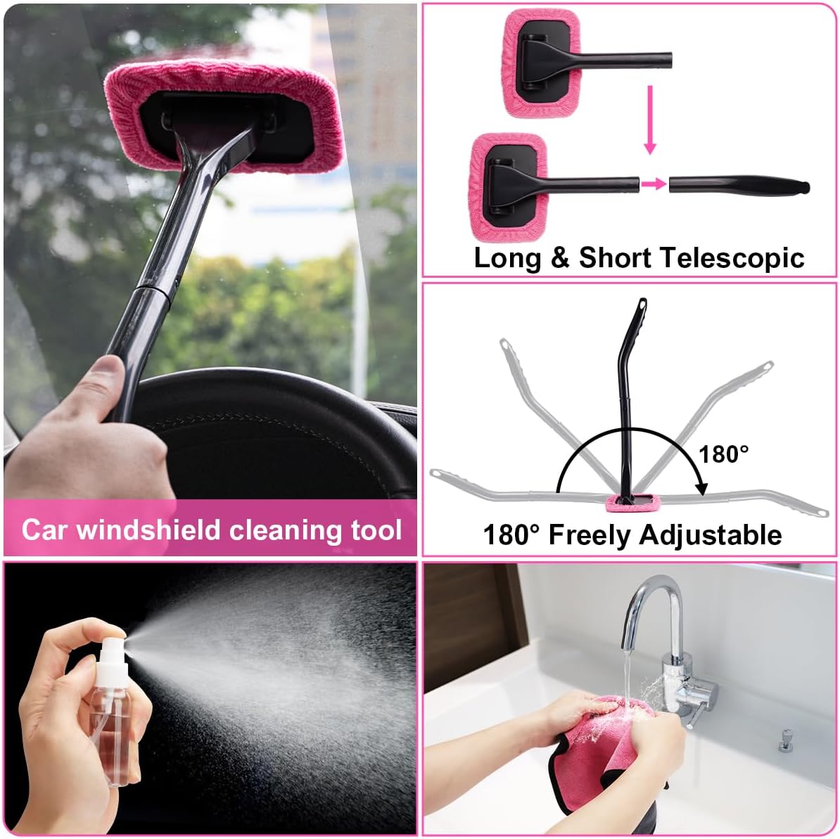 Viewsun 20PCS Pink Car Cleaning Kit – Interior Detailing Set with Drill Brushes, Windshield Tools & Cleaning Gel