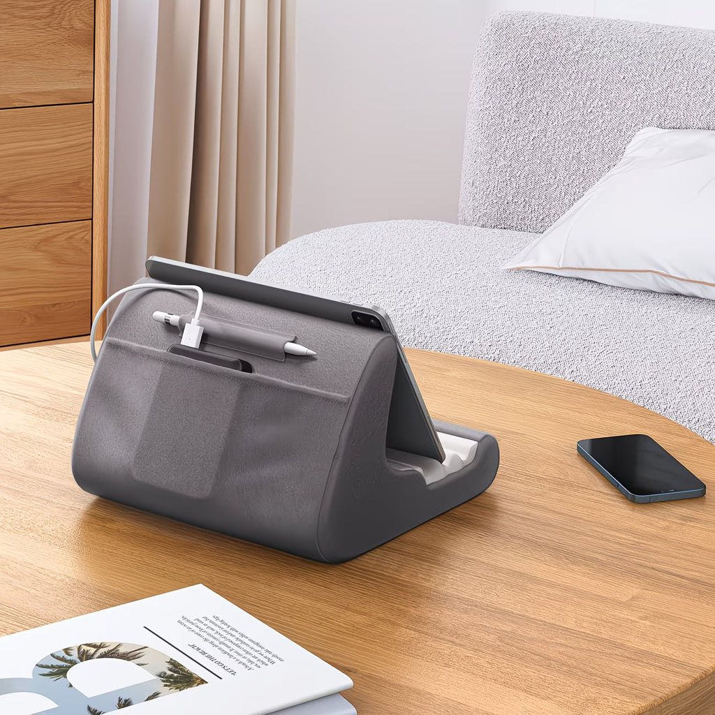 Tablet Cushion Stand – Soft Bed & Lap Holder with Pocket & Stylus Slot