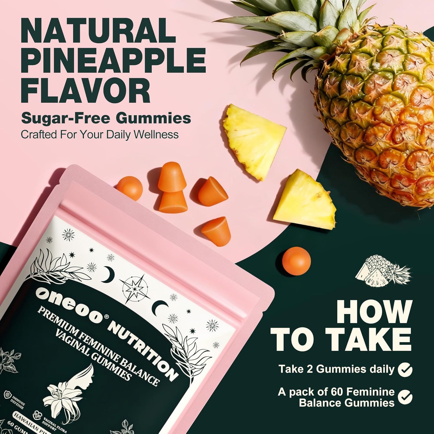 Premium Feminine pH & Energy Gummies – Vegan, Pineapple (60 Count)