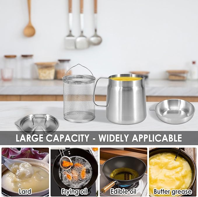 Deep Fat Fryer with Basket & Strainer, 304 Stainless Steel Deep Fryer Pot, Large Capacity Bacon Grease Container for Kitchen,Frying,Cooking,Camping,Oil Filter Container, Dishwasher Safe