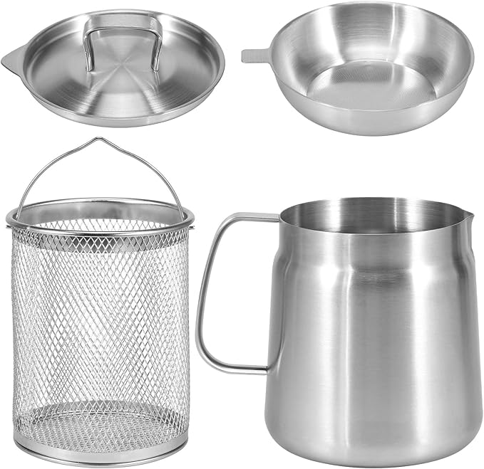 Deep Fat Fryer with Basket & Strainer, 304 Stainless Steel Deep Fryer Pot, Large Capacity Bacon Grease Container for Kitchen,Frying,Cooking,Camping,Oil Filter Container, Dishwasher Safe