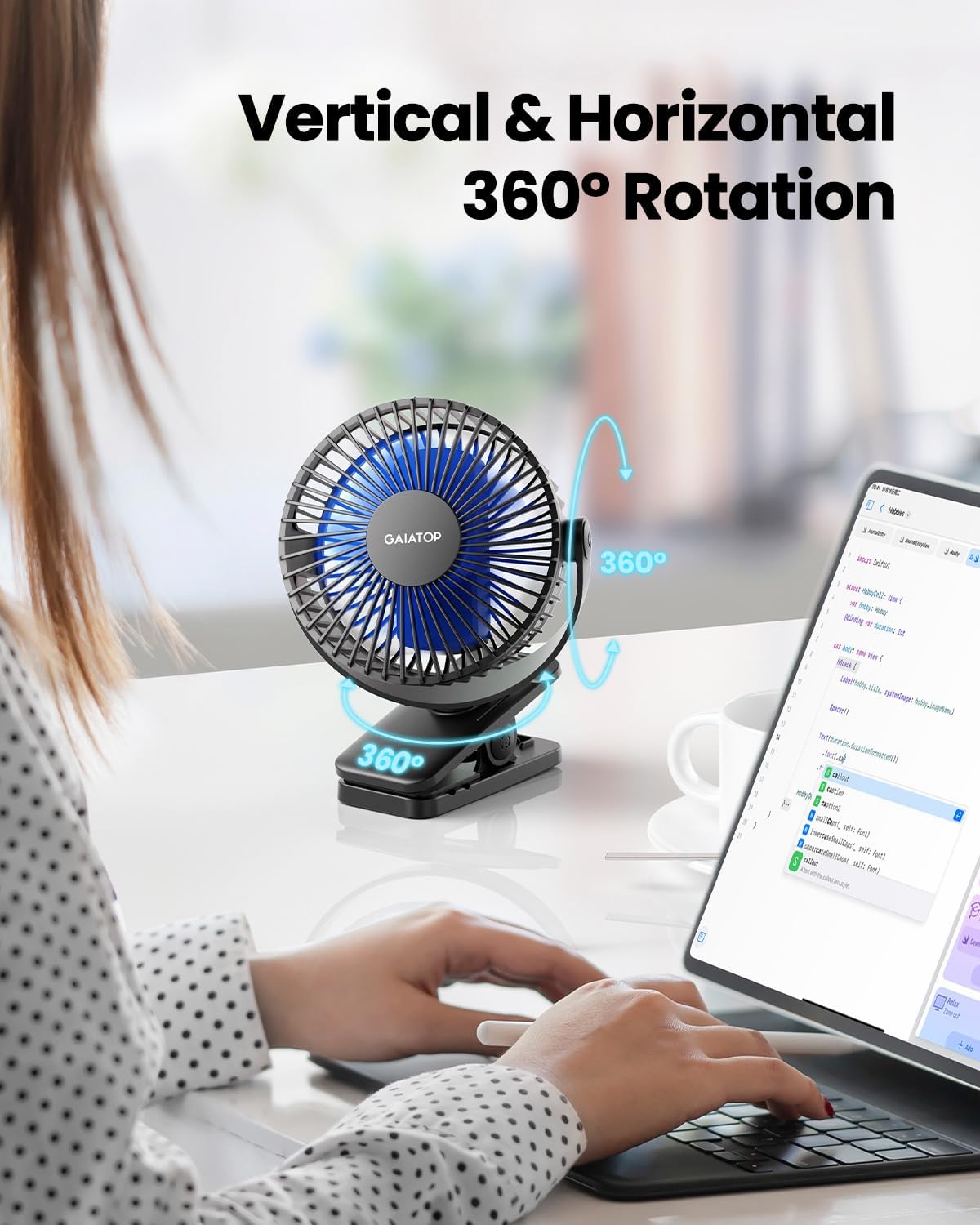 Gaiatop Portable Clip-On Fan – Rechargeable 3-Speed 360° Personal Cooling Fan